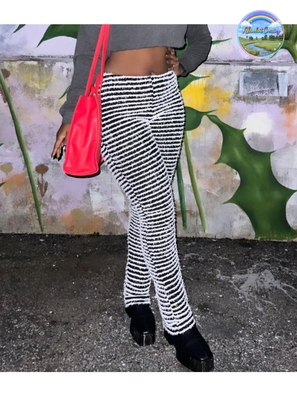 High Waist Fuzzy Knit Bell Bottom Pants Striped Flared Sweatpants - Picture 6 of 6